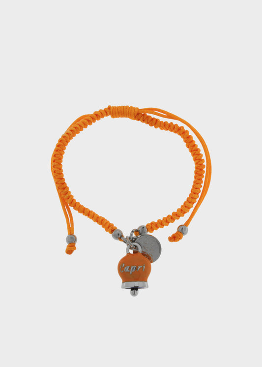 Bracciale in tessuto e Acciaio con Campanella Portafortuna Estate Mediterranea di Capri Arancione Amaranto