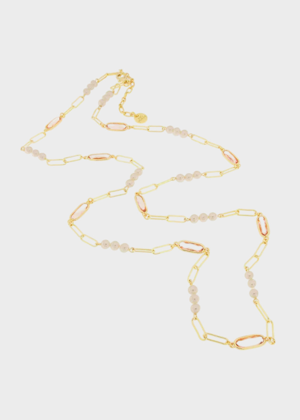 Collana in Metallo color oro lunga con perline e cristalli rosa