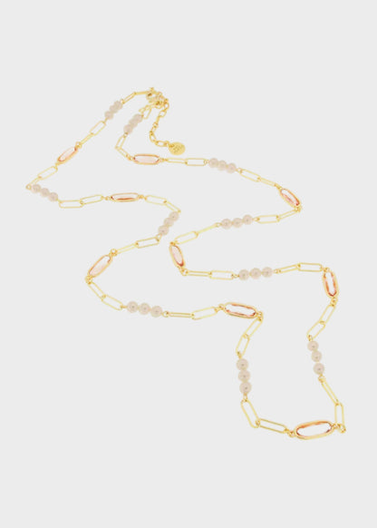Collana in Metallo color oro lunga con perline e cristalli rosa
