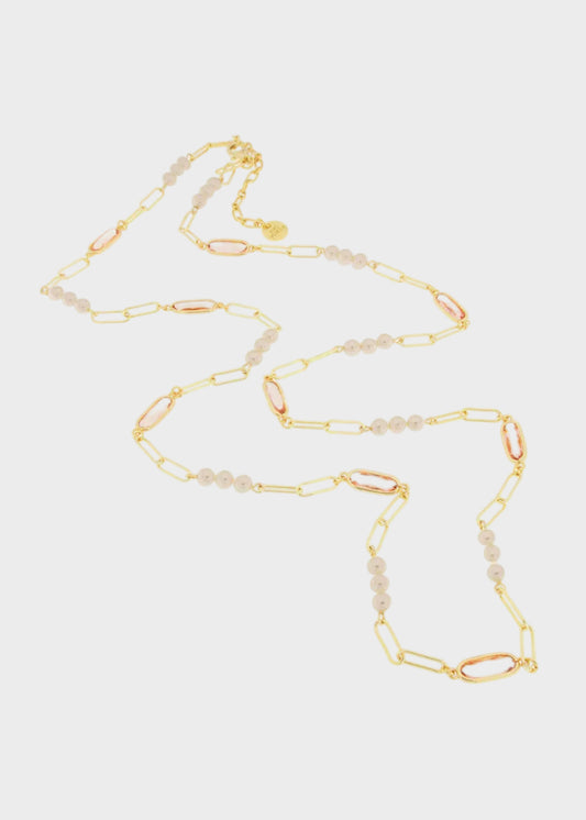 Collana in Metallo color oro lunga con perline e cristalli rosa