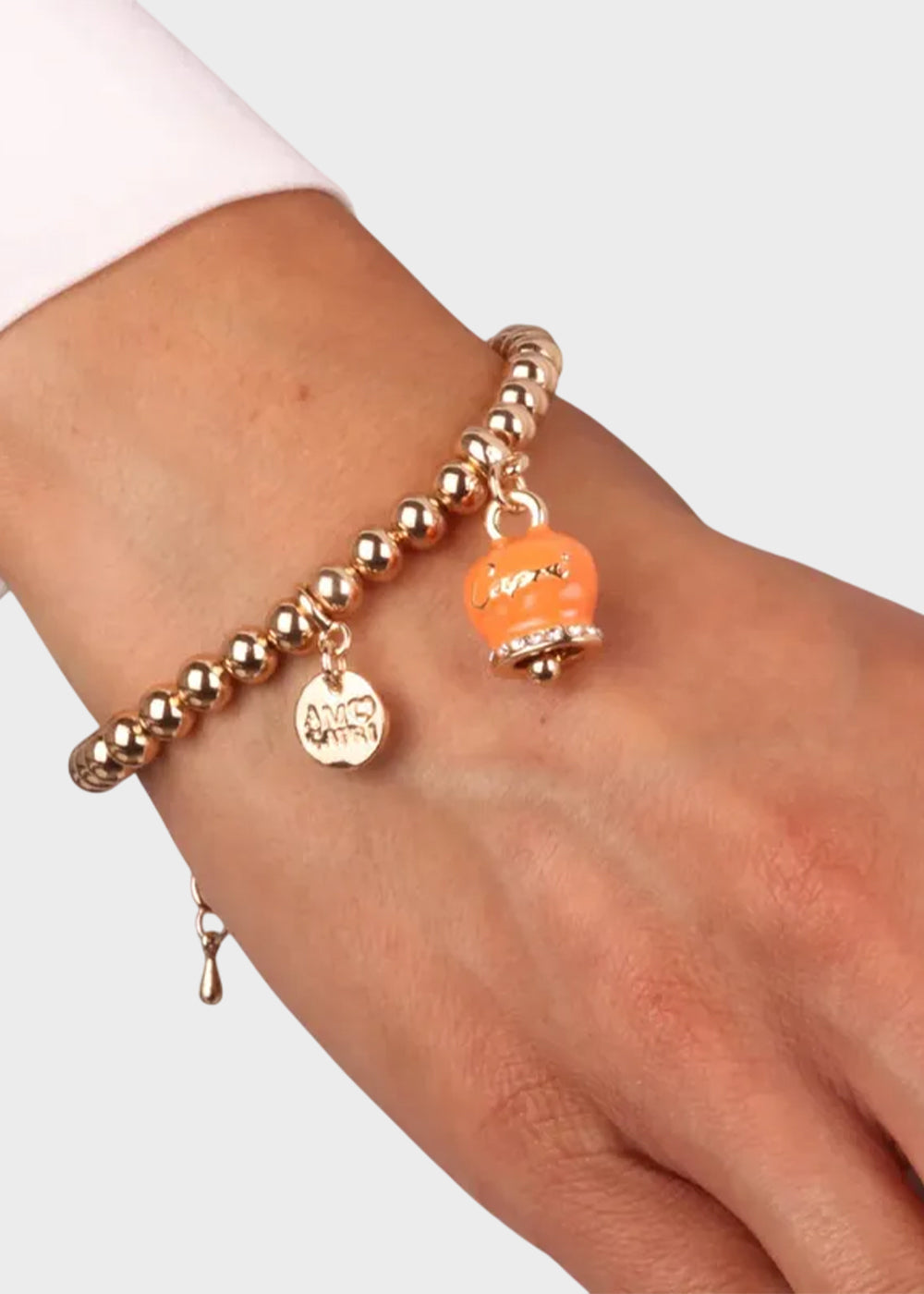 Bracciale in Metallo color oro con maglia a sfere e campanella Capri arancione-2