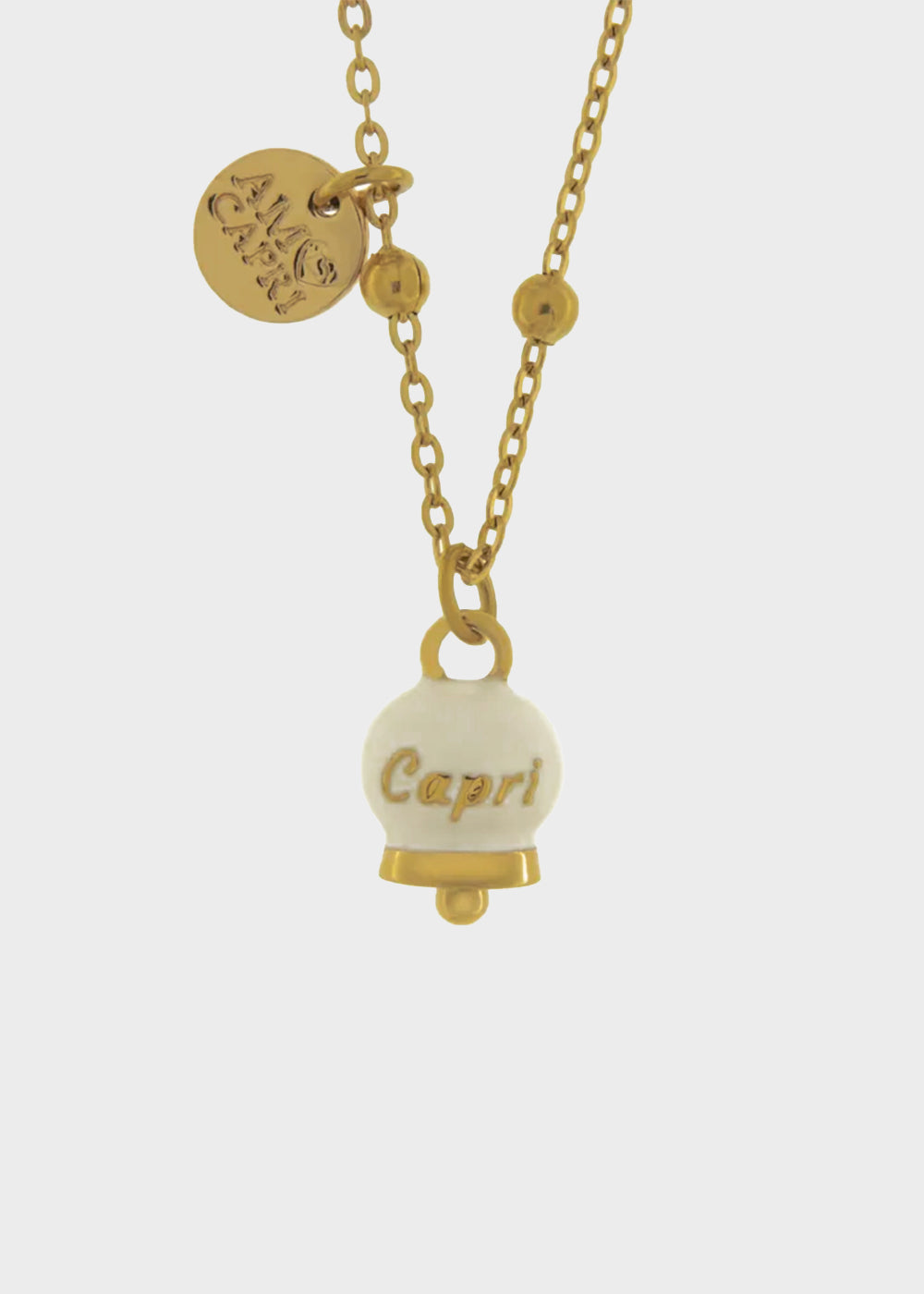 Collana in Acciaio con campanella pendente bianca e oro con scritta Capri