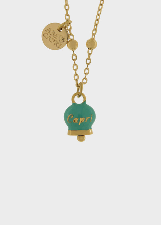 Collana in Acciaio color oro con campanella pendente turchese con scritta Capri
