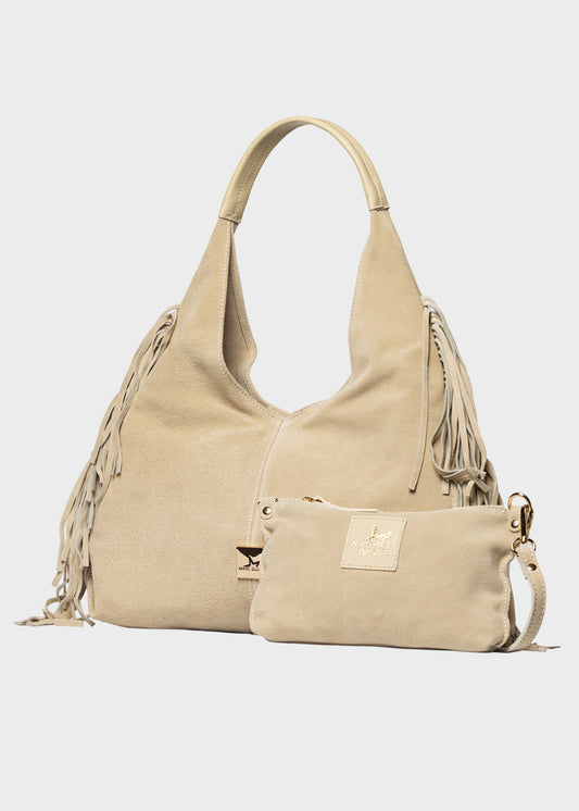 Borsa a spalla Reanna S con frange, in pelle scamosciata