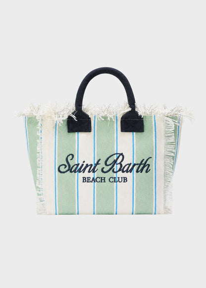 Borsa da mare media Colette in canvas a righe verdi con logo ricamato e tracolla