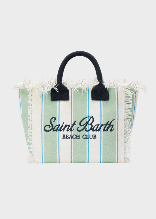 Borsa da mare media Colette in canvas a righe verdi con logo ricamato e tracolla