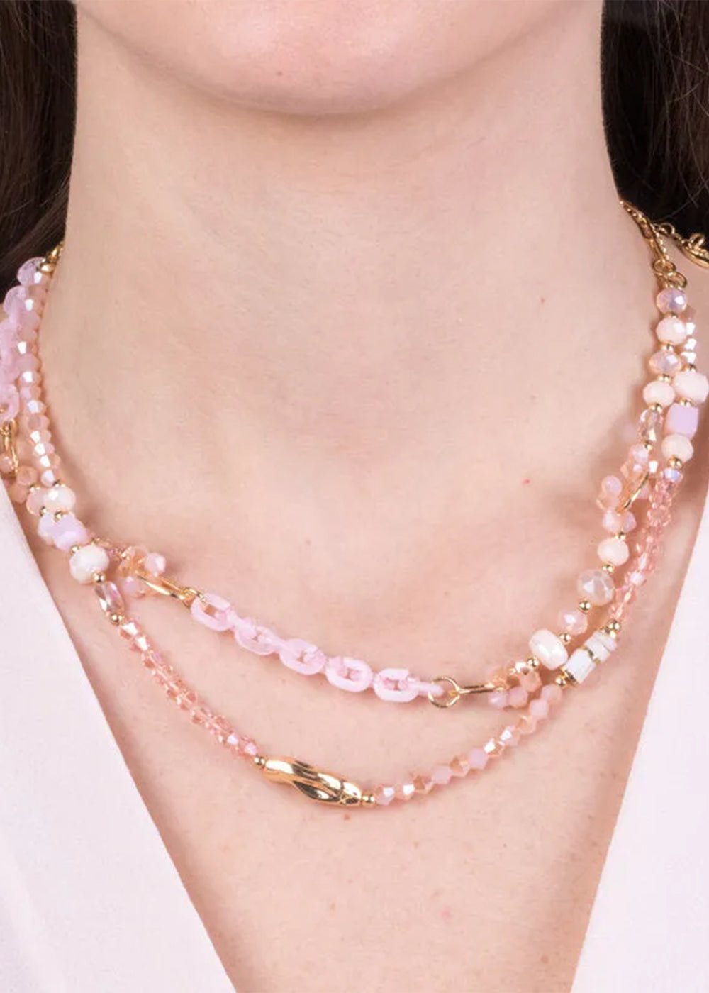 Collana multifilo in Metallo color oro cristalli rosa