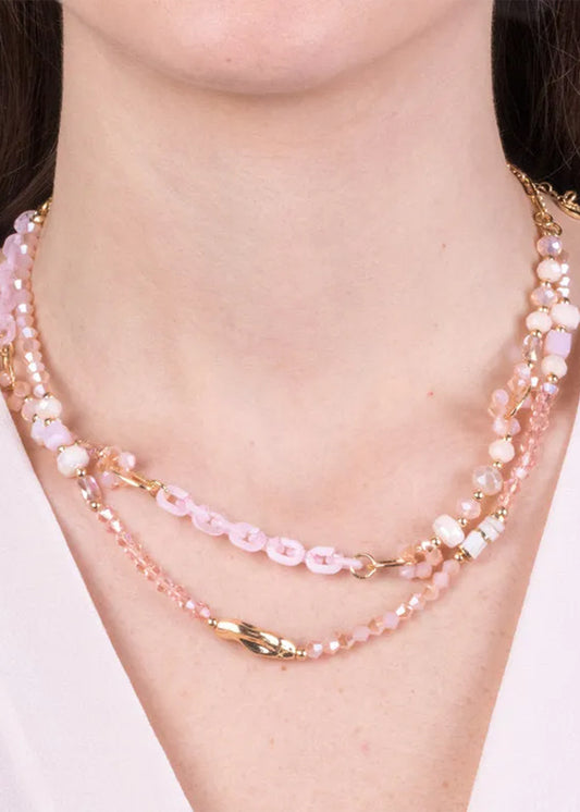 Collana multifilo in Metallo color oro cristalli rosa