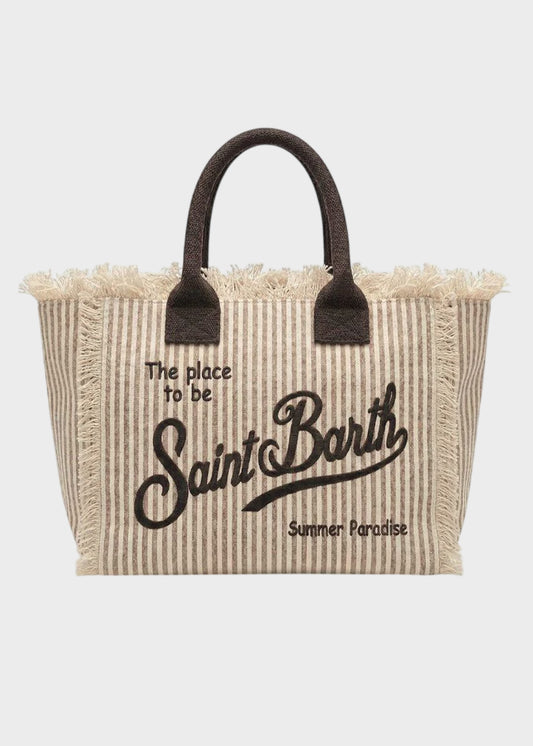 Borsa da mare grande Vanity in canvas a righe beige