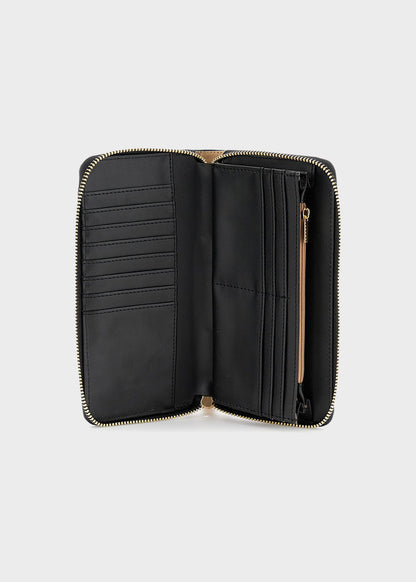 Zip around wallet, leather effect with patchwork workmanship and logo