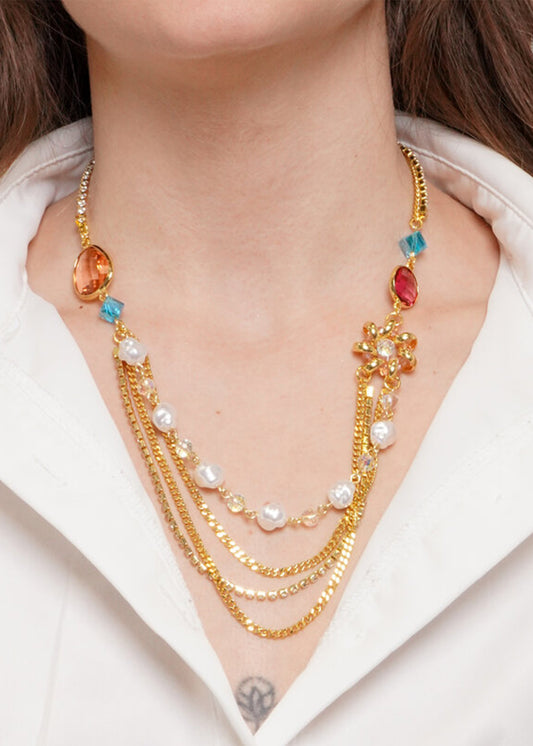 Collana multifilo in Metallo color oro con perle irregolari e pietre colorate