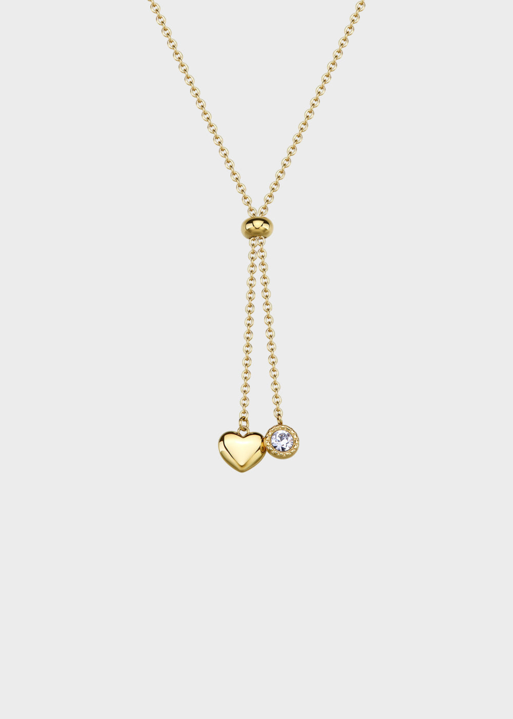 Collana Aurora a "Y" in acciaio finitura pvd oro 14K e cuore e cristallo pendenti