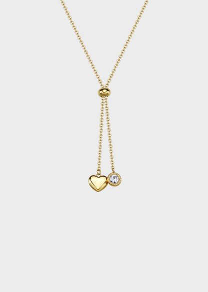 Collana Aurora a "Y" in acciaio finitura pvd oro 14K e cuore e cristallo pendenti