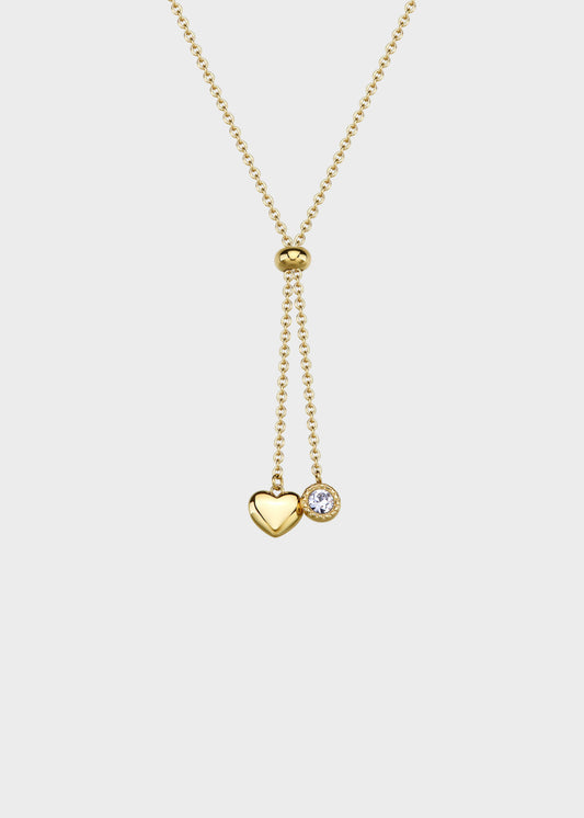 Collana Aurora a "Y" in acciaio finitura pvd oro 14K e cuore e cristallo pendenti