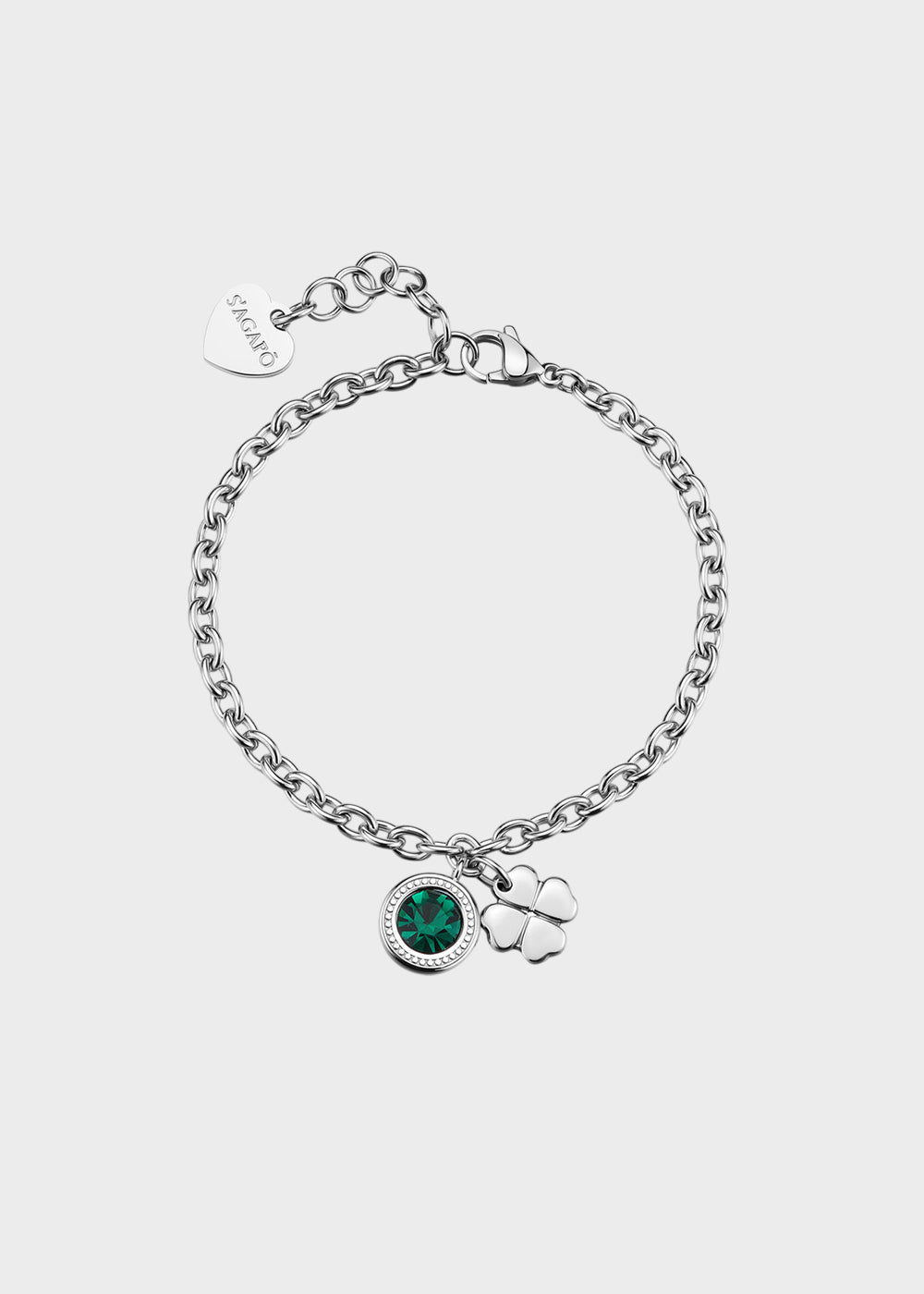 Bracciale catena Lucky Light in acciaio con cristallo verde e pendente a forma di quadrifoglio