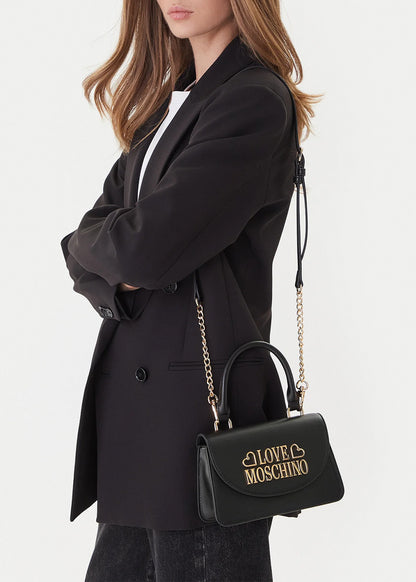 Handbag with shoulder strap and logo, in leather