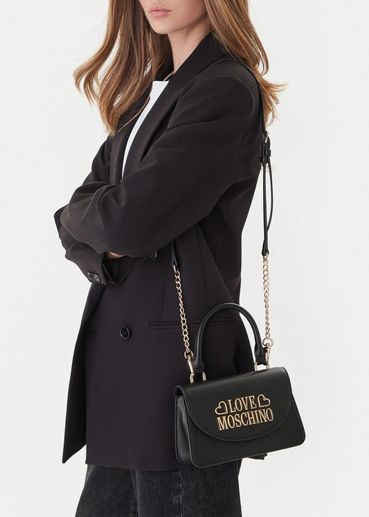 Handbag with shoulder strap and logo, in leather