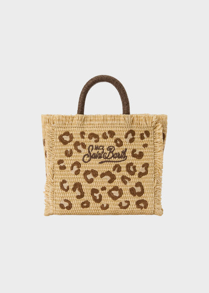 Borsetta da mare piccola Vanity Mini Straw Leopard con tracolla in tessuto effetto paglia