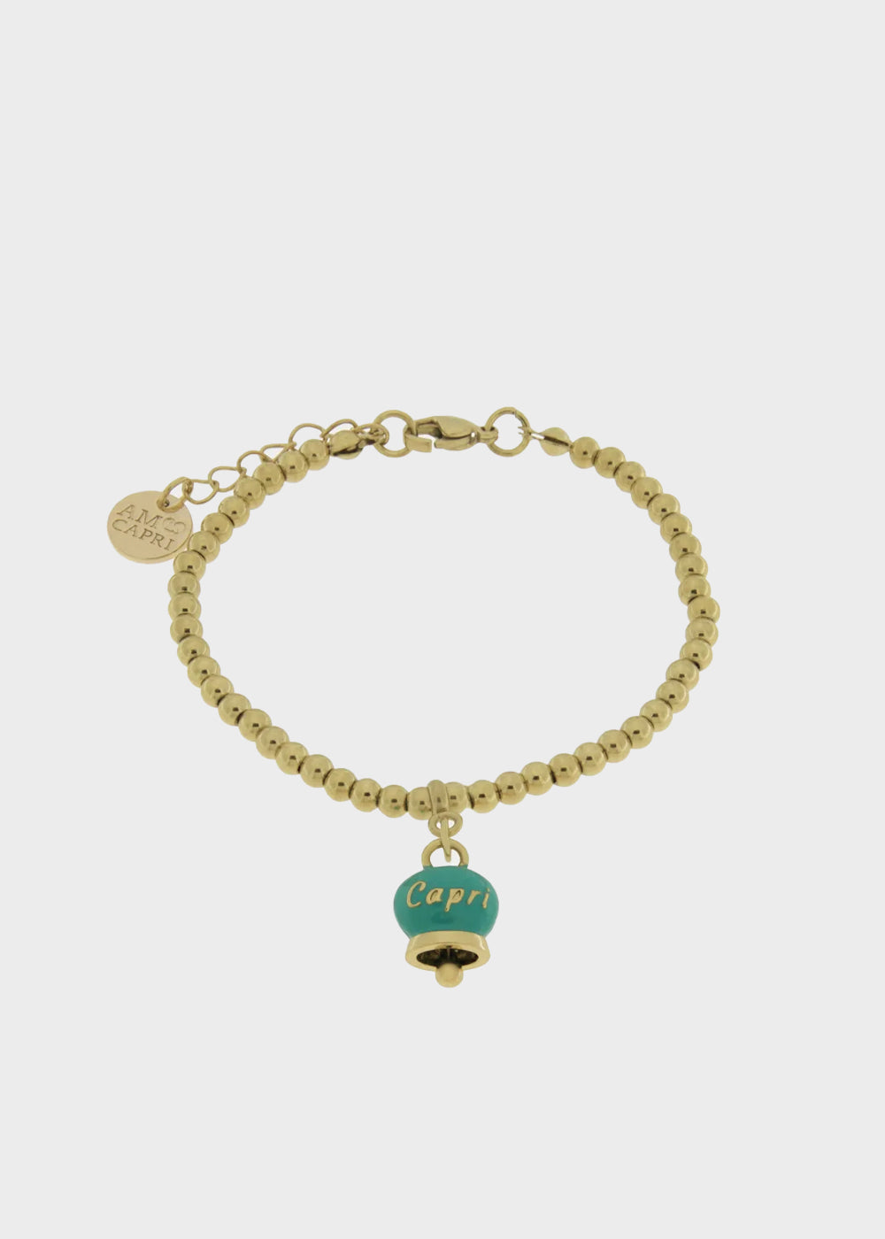 Bracciale in Acciaio con campanella pendente verde con scritta Capri