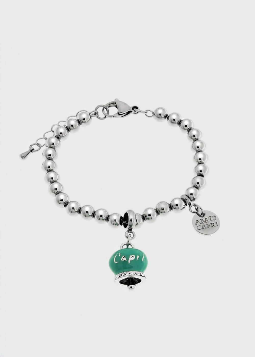 Bracciale in Acciaio a sfere color argento con campanella turchese con scritta Capri-1