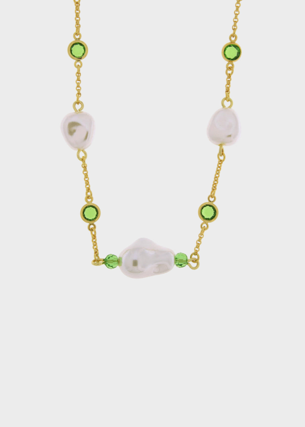 Collana in Metallo color oro con perle irregolari e pietre verdi