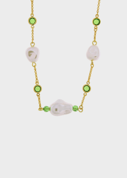 Collana in Metallo color oro con perle irregolari e pietre verdi