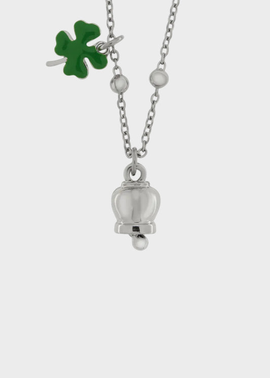 Collana in Acciaio color argento con quadrifoglio pendente in smalto verde e campanella argento