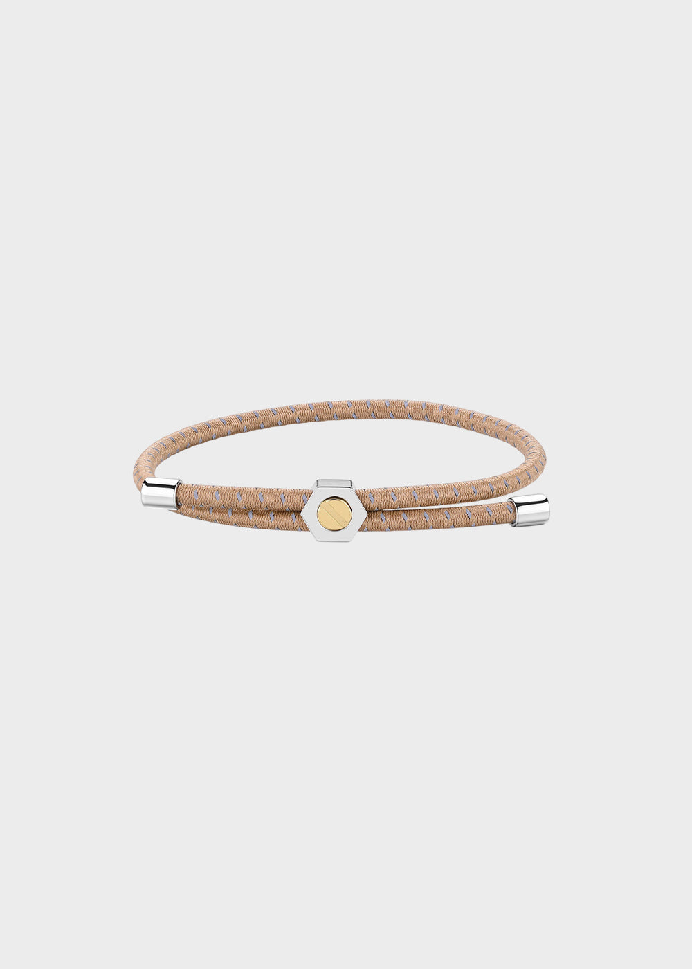 Bracciale Panama in cordino elastico sabbia con dettagli in acciaio e centrale a vite con finitura pvd oro 14K