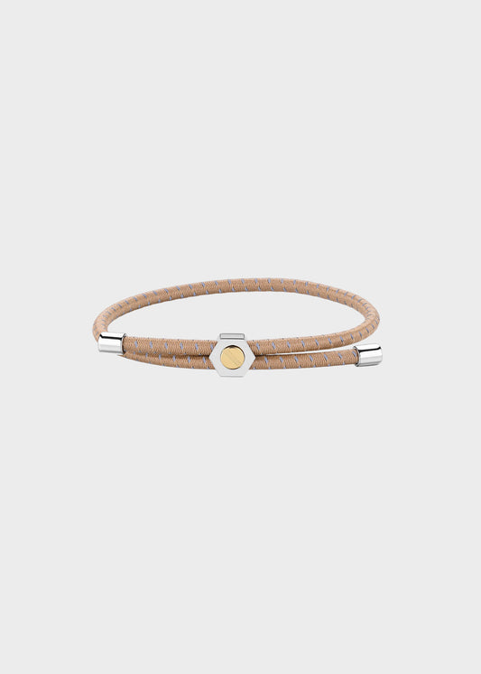 Bracciale Panama in cordino elastico sabbia con dettagli in acciaio e centrale a vite con finitura pvd oro 14K