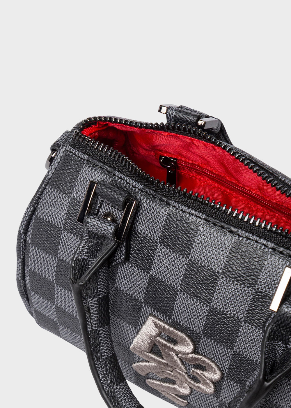 Borsa a mano piccola con tracolla, logo ricamato frontale e trama a scacchi-4