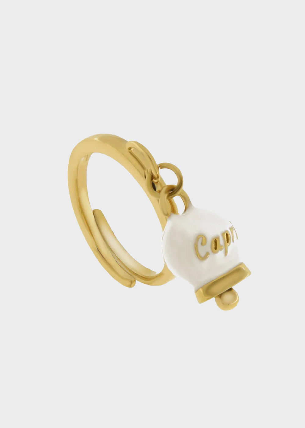 Anello in Acciaio color oro con campanella pendente bianca e oro con scritta Capri