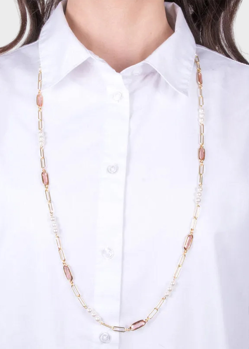 Collana in Metallo color oro lunga con perline e cristalli rosa