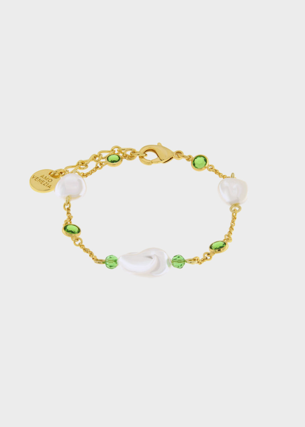 Bracciale in Metallo color oro con perle irregolari e pietre verdi