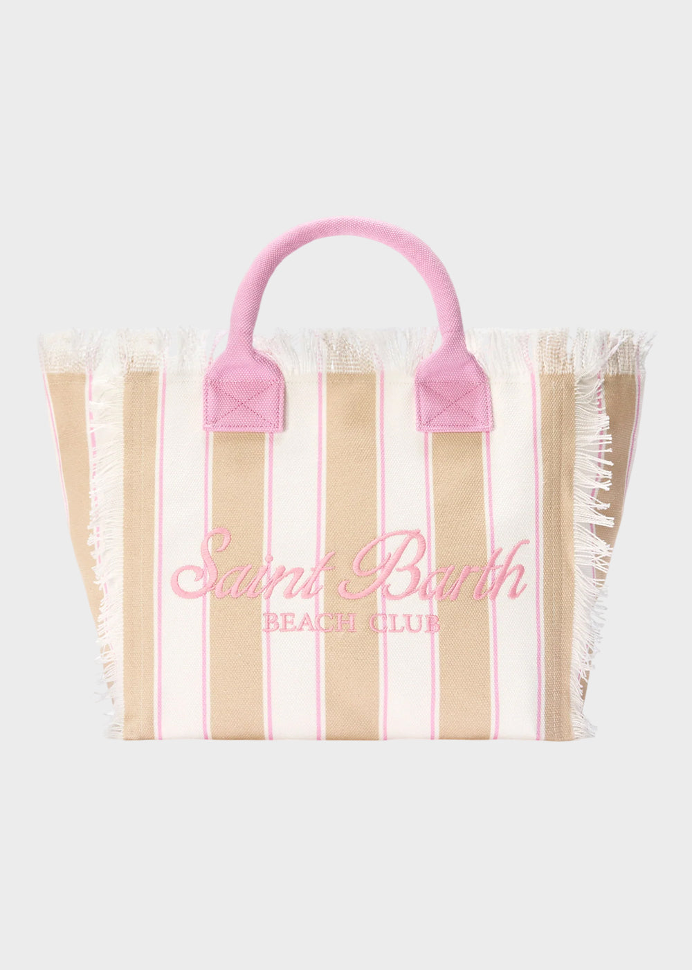 Borsa da mare grande Vanity in canvas a righe beige con logo ricamato