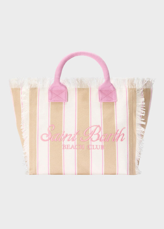 Borsa da mare grande Vanity in canvas a righe beige con logo ricamato