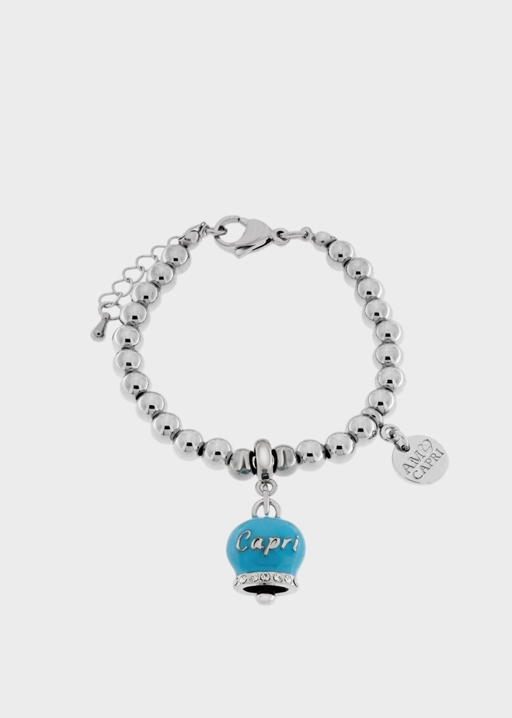 Bracciale in Acciaio a sfere color argento con campanella azzurra con scritta Capri-1