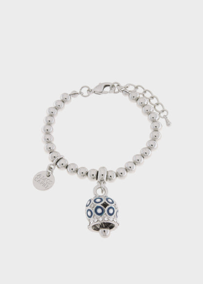 Bracciale in Metallo a sfere color argento con campanella a pois blu e zirconi