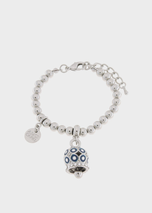 Bracciale in Metallo a sfere color argento con campanella a pois blu e zirconi
