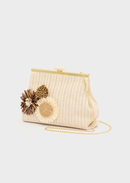 Pochette Marbella in paglia con fiori e tracolla a catena