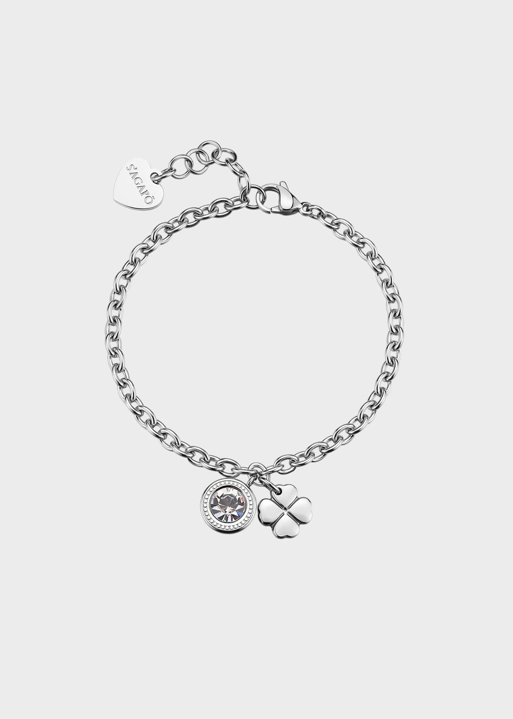 Bracciale catena Lucky Light in acciaio con cristallo e pendente a forma di quadrifoglio