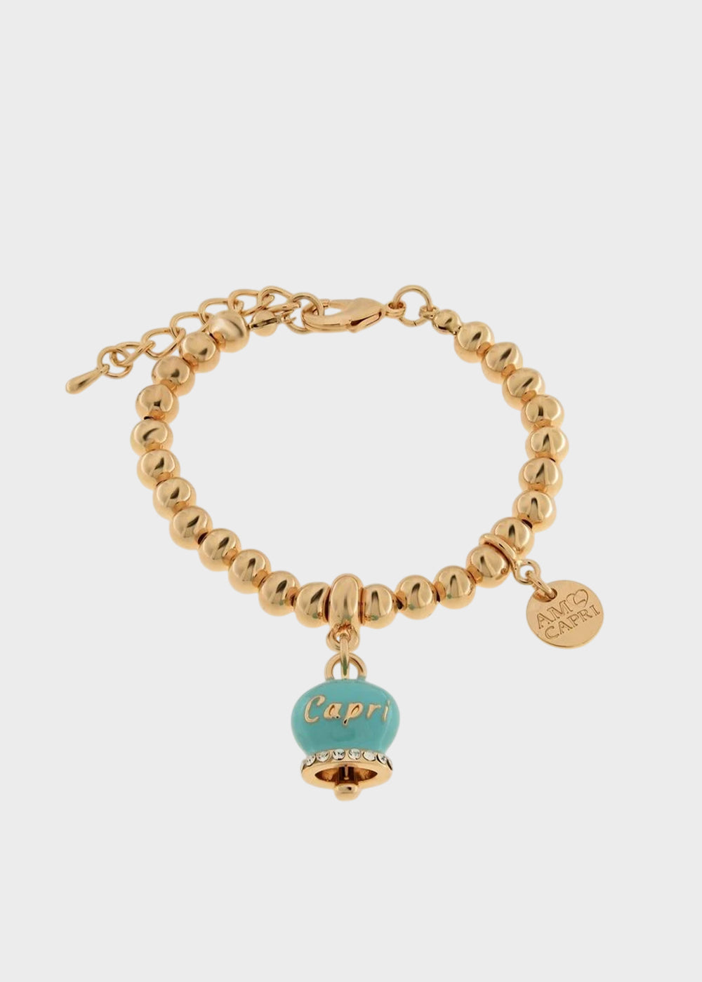 Bracciale in Metallo color oro con maglia a sfere e campanella Capri turchese-1
