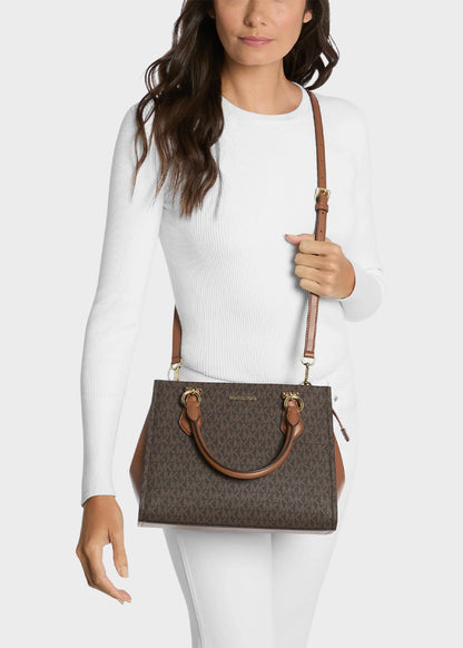 Borsa a mano Marilyn media con tracolla, in pelle saffiano con logo all over