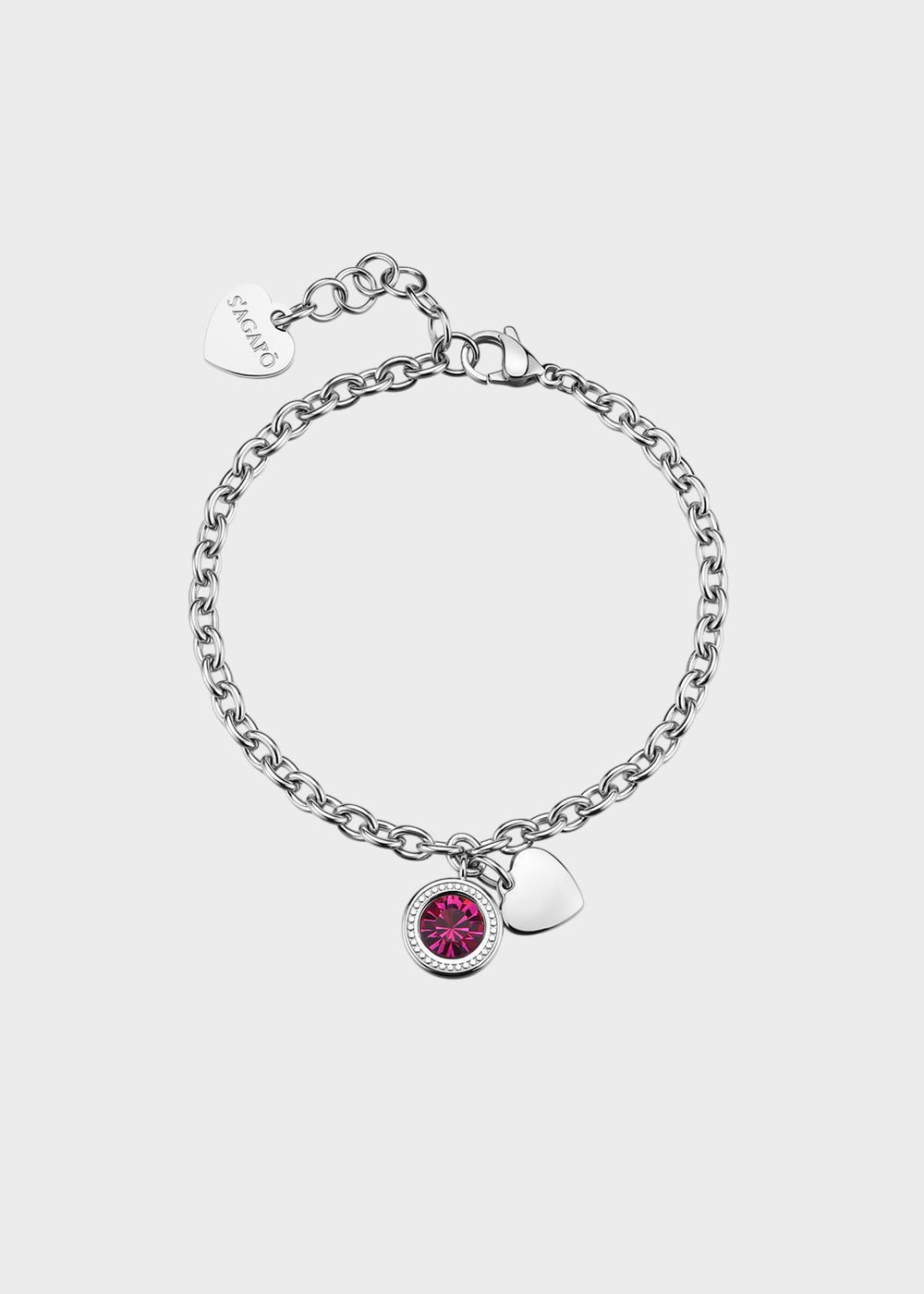 Bracciale catena Lucky Light in acciaio con cristallo magenta e pendente a forma di cuore