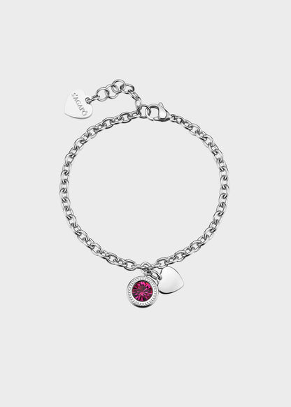 Bracciale catena Lucky Light in acciaio con cristallo magenta e pendente a forma di cuore