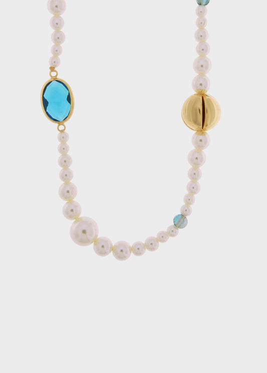 Collana lunga in Metallo color oro con perle e pietre blu