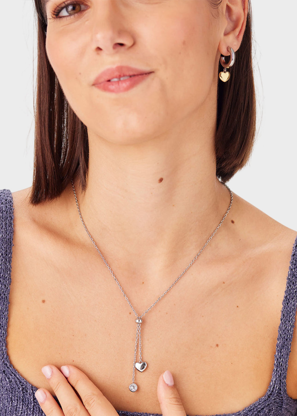 Collana Aurora a "Y" in acciaio con cuore e cristallo pendenti
