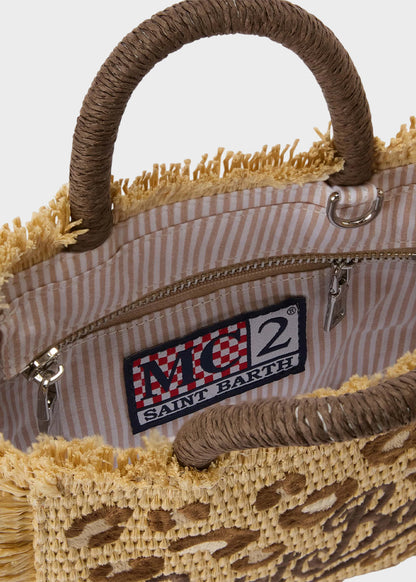 Borsetta da mare piccola Vanity Mini Straw Leopard con tracolla in tessuto effetto paglia