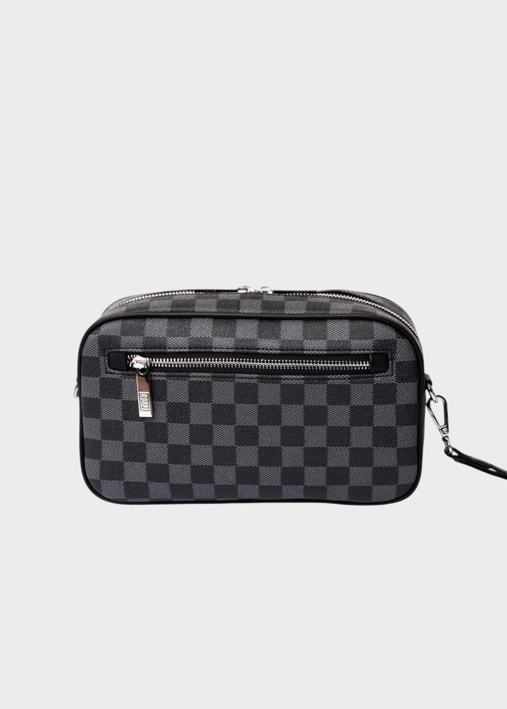 Pochette con manico da polso e tracolla, logo ricamato frontale e trama a scacchi