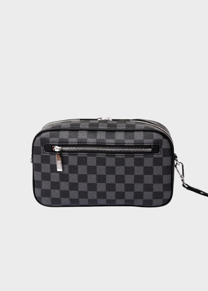 Pochette con manico da polso e tracolla, logo ricamato frontale e trama a scacchi