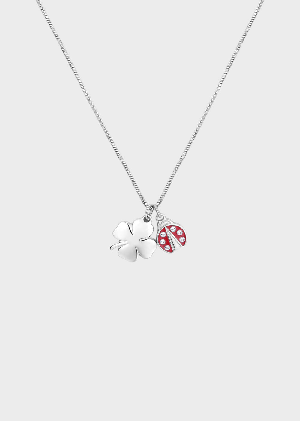 Collana girocollo Feelings in acciaio con pendenti a forma di quadrifoglio e coccinella con smalto rosso e cristalli